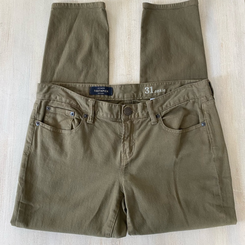 J. Crew mid rise olive green brown toothpick ankle slim leg jeans 31